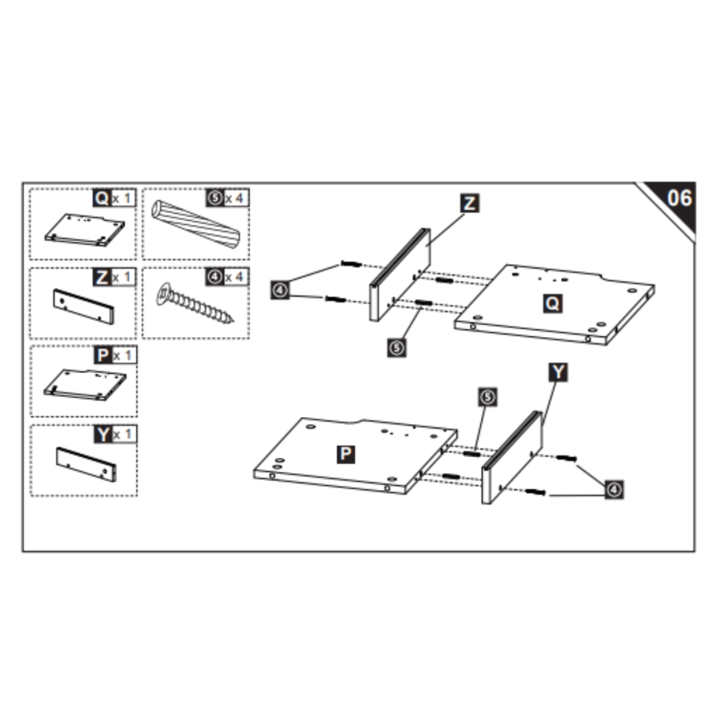 Instruction showing side panels Y and Z attached to base boards.