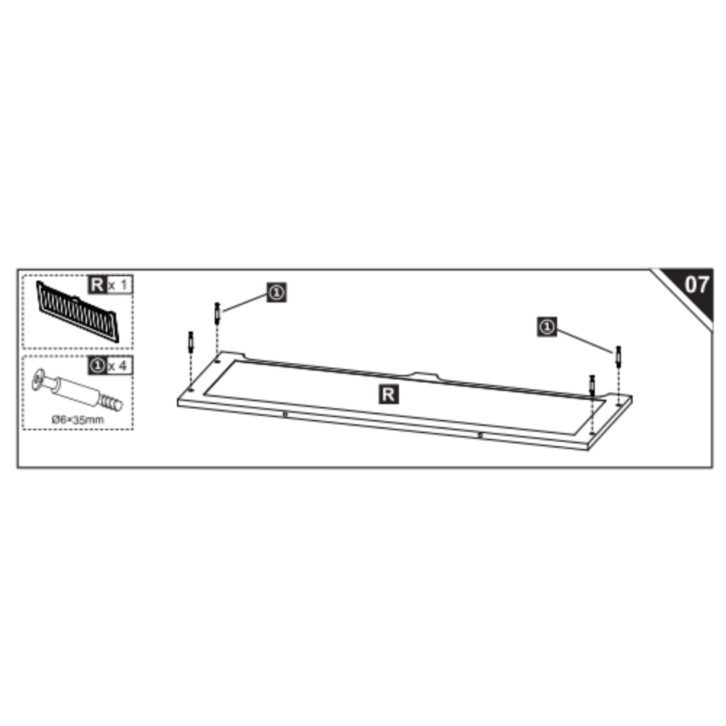 Diagram showing slatted panel R attached with screws to base frame.