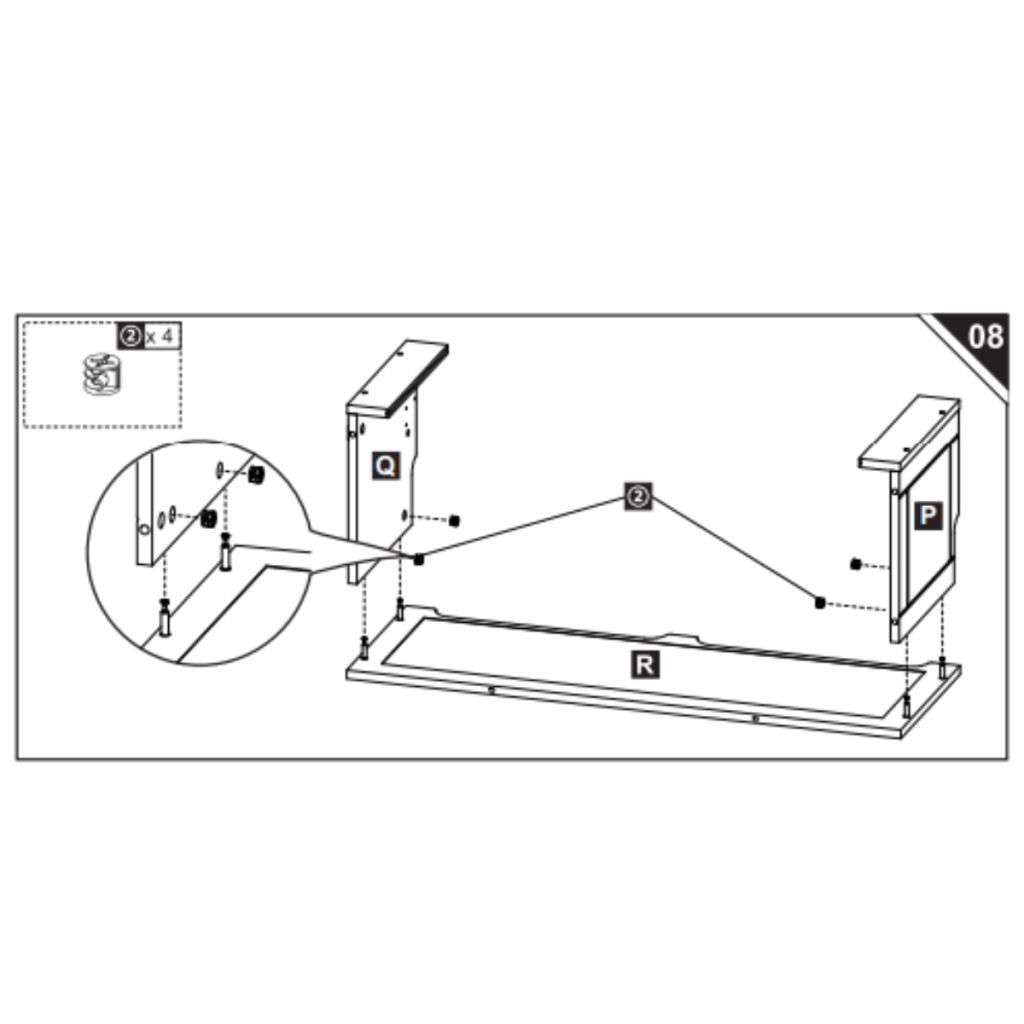 Diagram showing side panels P and Q fixed to slatted base R.