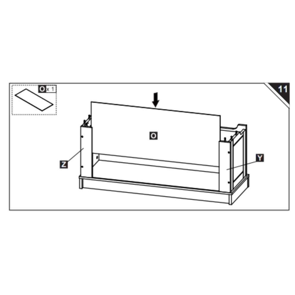 Assembly diagram inserting back panel O between side panels Y and Z.