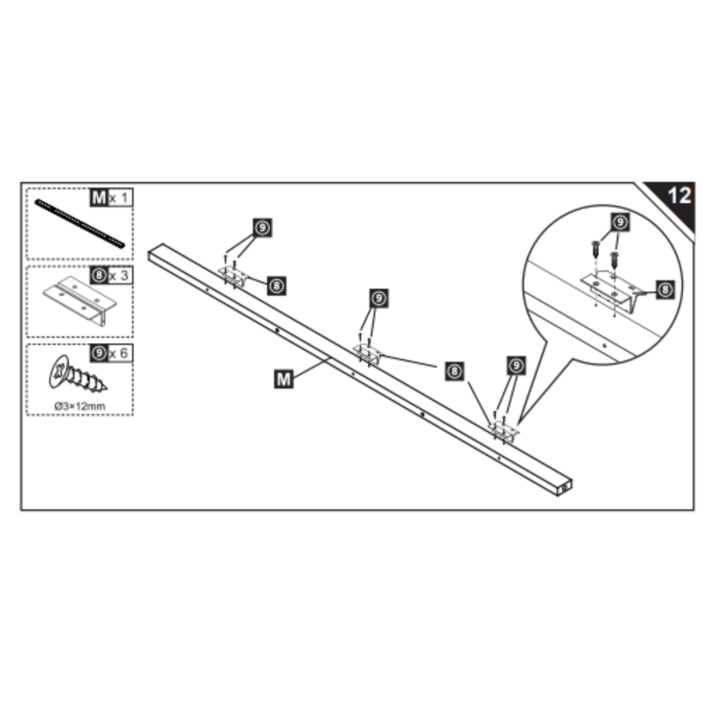 Assembly guide showing brackets fixed onto support rail M.