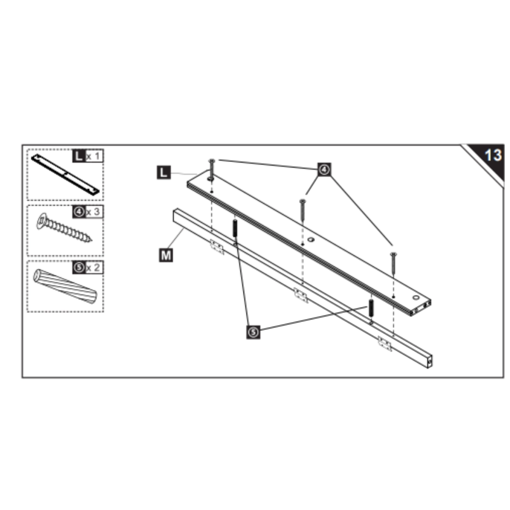 Instruction showing rail L attached to support bar M with dowels and screws.