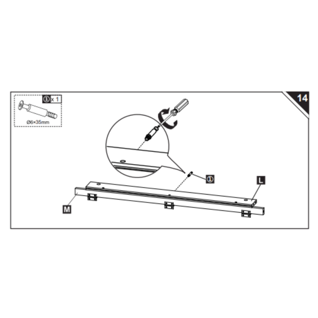 Diagram showing support bar L reinforced onto cross rail M.