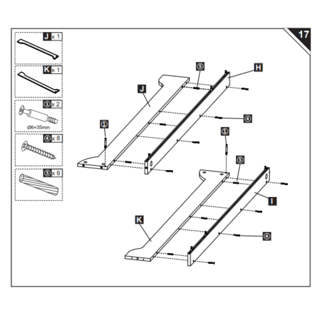 Illustration of side frames J and K connected with dowels.
