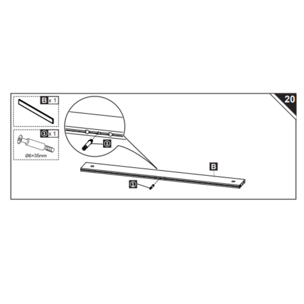 Assembly diagram showing screws fixed to back rail B.