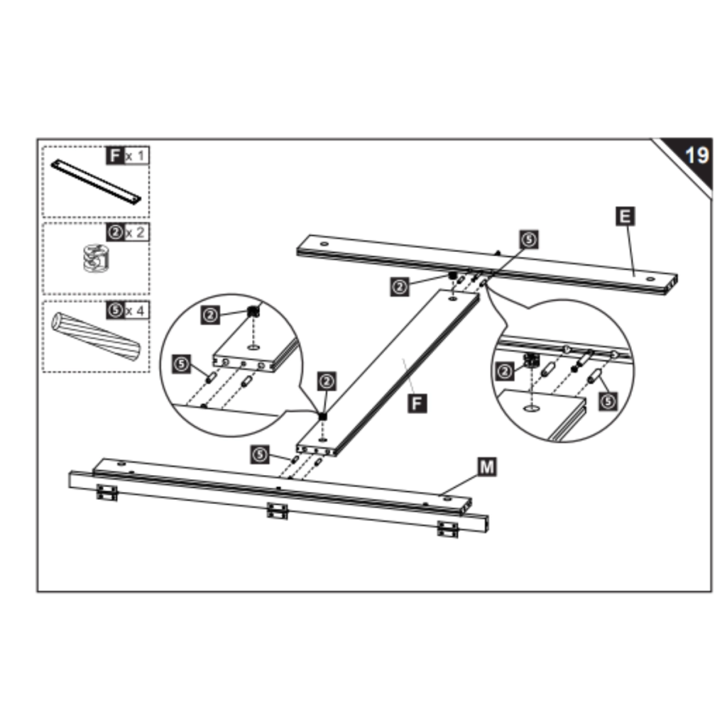 Diagram of support bar F joined to cross rail E with screws.