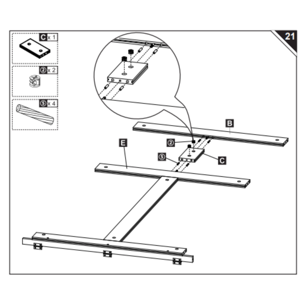 Assembly illustration showing block C attached between cross rails B and E.