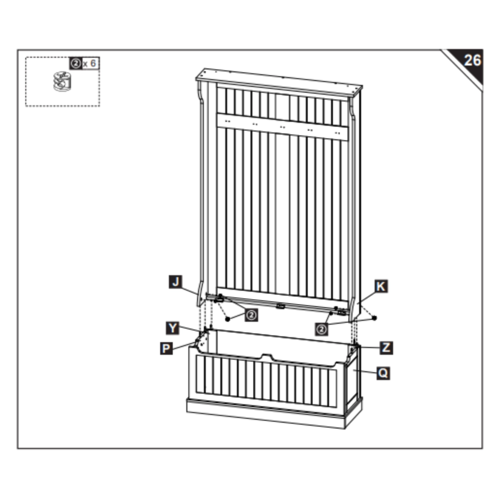 Illustration connecting upper frame J and K to bench panels P and Q.