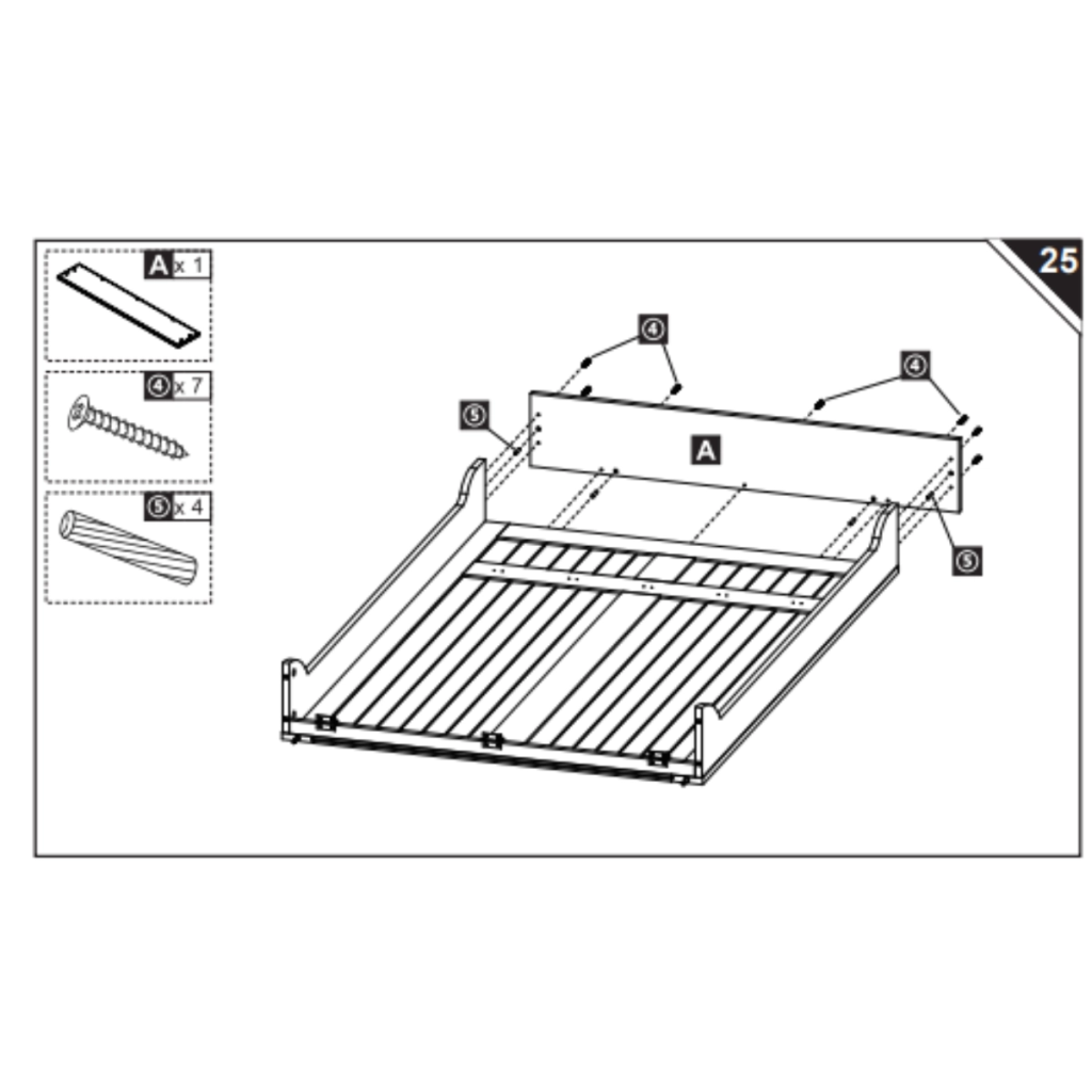 Instruction of cross panel A fixed at top of slatted frame.