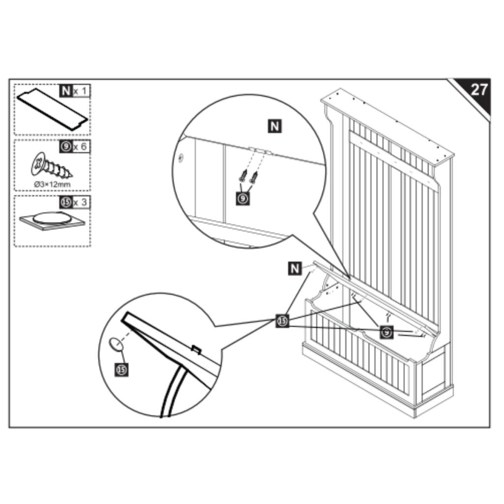 Diagram of bench lid N installed with screws and hinge plates.