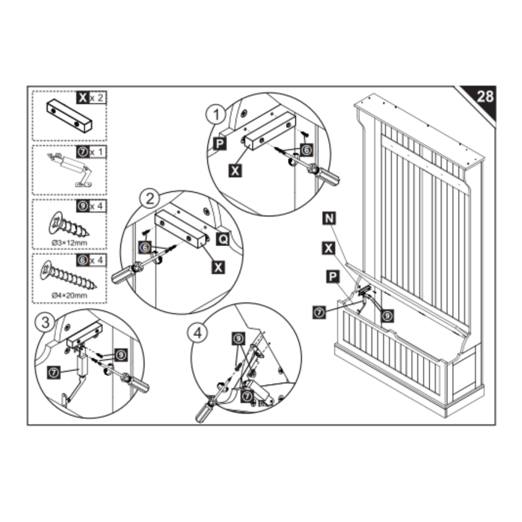Instruction showing lid support mechanism X attached to panels P and Q.