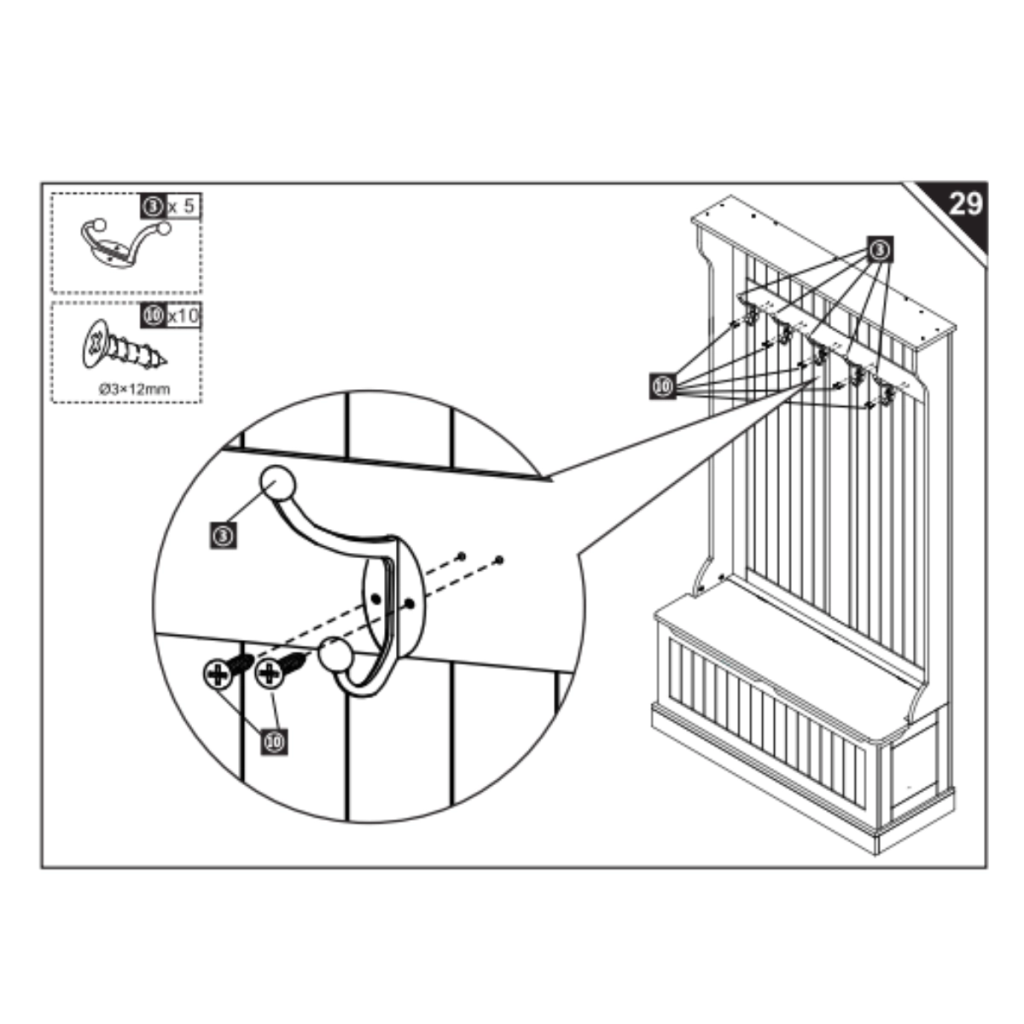 Instruction showing hooks fastened onto upper panel with screws.
