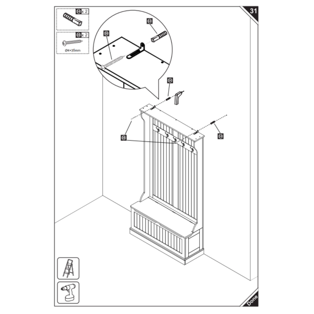 Diagram showing hall tree secured to wall using safety brackets.