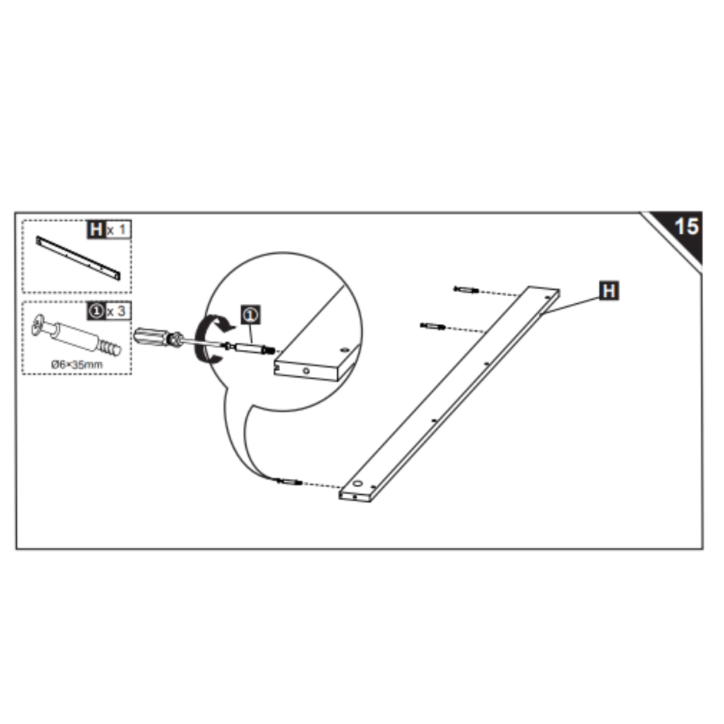 Illustration of screws securing left side rail H with brackets.