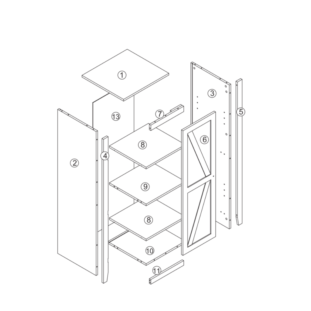 Complete labeled parts list diagram displaying cabinet panels, shelves, back panel, and door components.