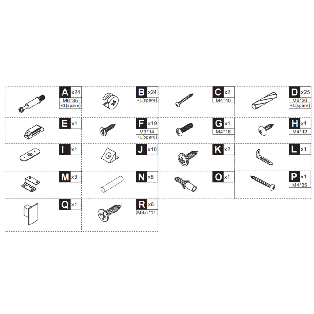 Detailed diagram of hardware components including screws, dowels, brackets, and connectors labeled for assembly.