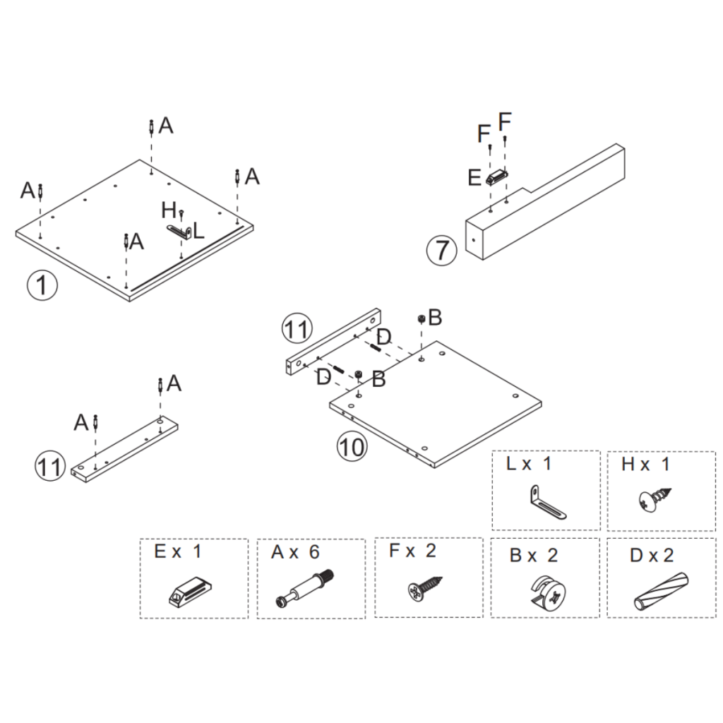 Assembly step showing preparation of cabinet panels with brackets and screws before attaching other components.
