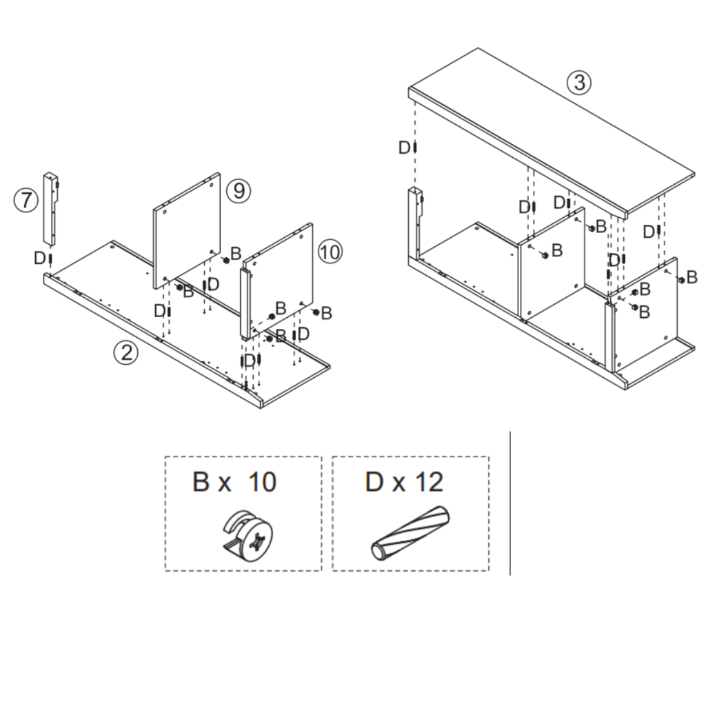 Exploded view showing vertical support panels and top panel being aligned and secured to the cabinet.