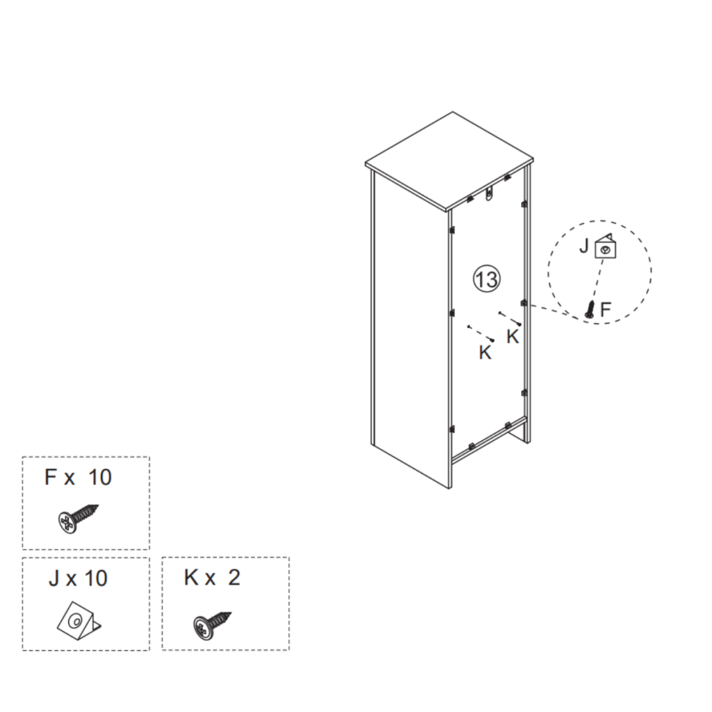  Illustration of attaching the back panel to the HOMCOM 48" Farmhouse Pantry Cabinet using 10 brackets (J) with screws (F) and 2 center screws (K) for added stability.