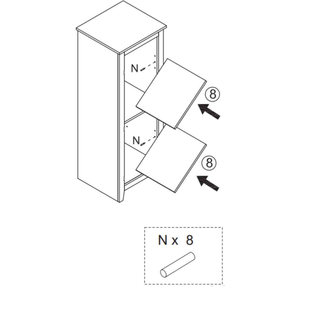 Instruction diagram showing placement of adjustable shelves inside the cabinet using support pegs.
