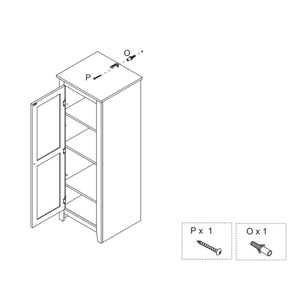 Illustration of securing the HOMCOM 48" Farmhouse Pantry Cabinet to the wall using one wall plug (O) and one long screw (P) for anti-tip safety.