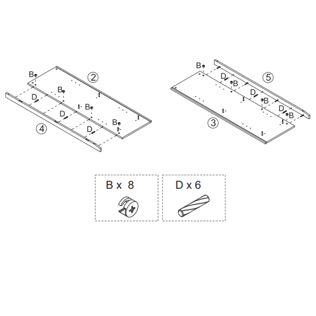 Assembly diagram showing side rails being fastened to panels with connectors and dowels.