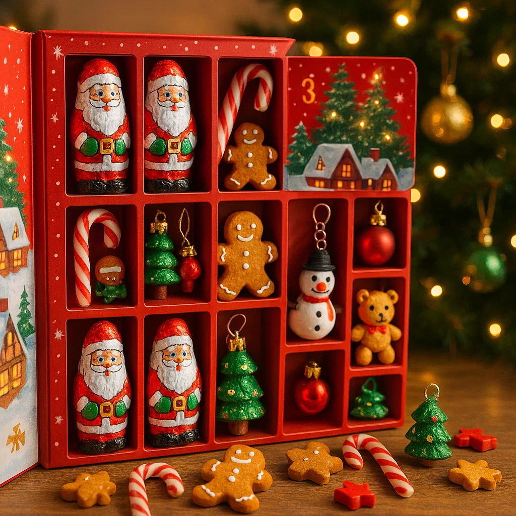 Festive advent calendar holding chocolate Santas, candy canes, and ornaments.