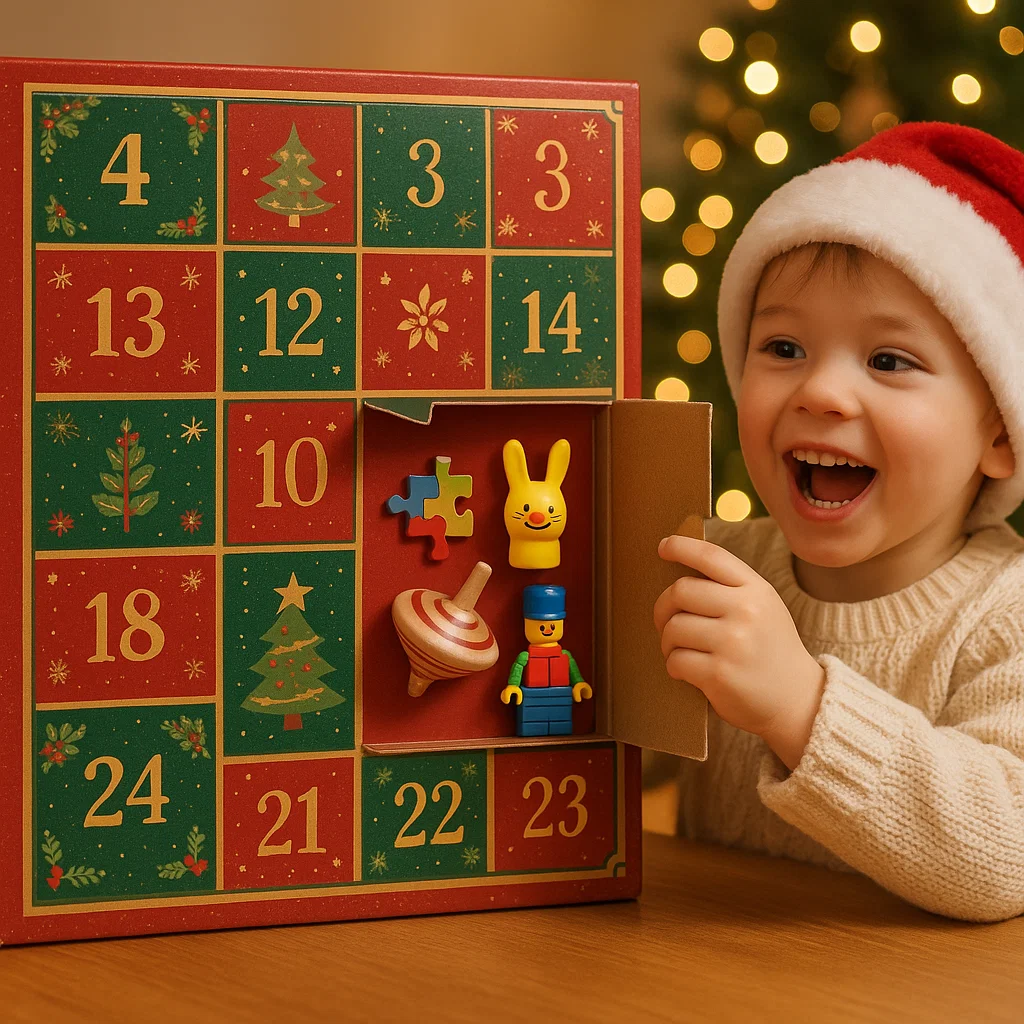 Excited child opening advent calendar with toys and puzzles.