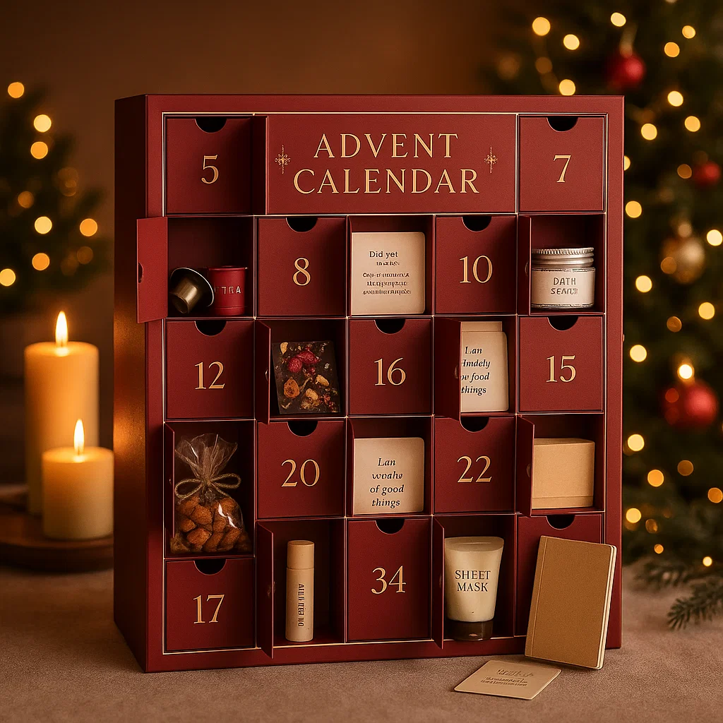 Red advent calendar filled with candles, skincare, snacks, and wellness gifts.
