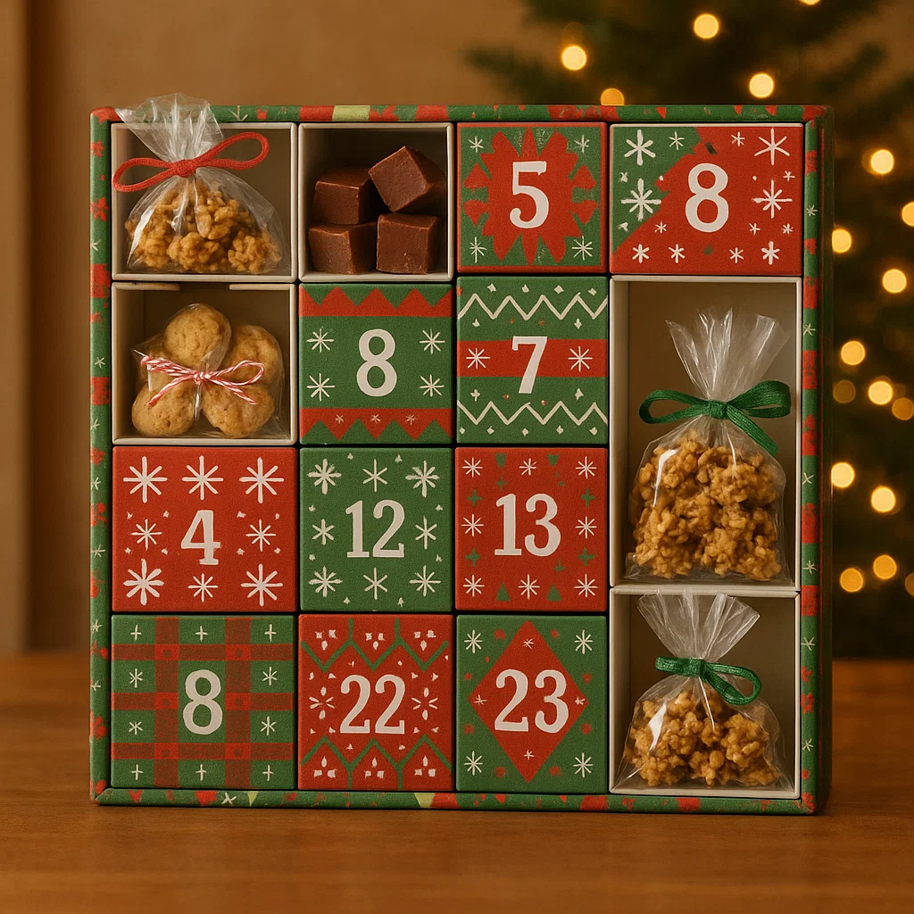 Advent calendar drawers filled with homemade cookies, fudge, and popcorn bags.