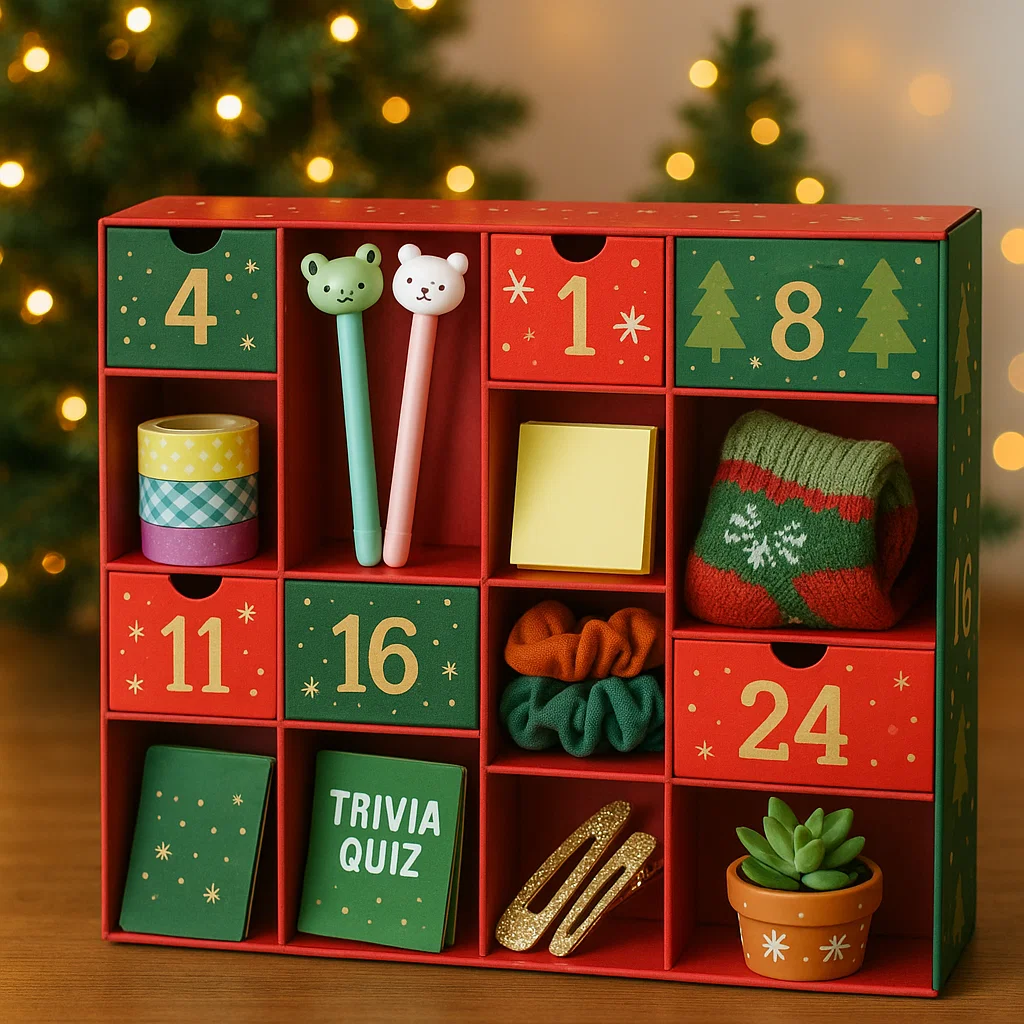 Advent calendar with pens, washi tape, socks, scrunchies, clips, trivia, and plant.