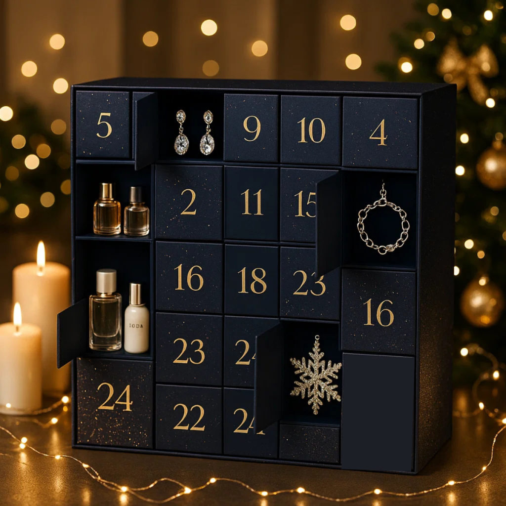 Elegant advent calendar with perfumes, earrings, bracelet, and snowflake ornament.