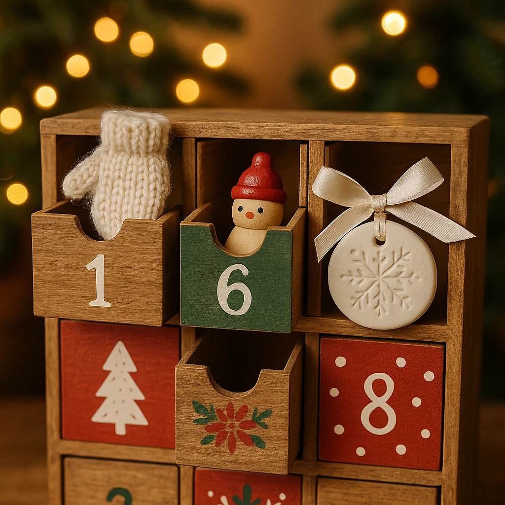 Wooden advent calendar drawers with mitten, snowman, and snowflake ornament.