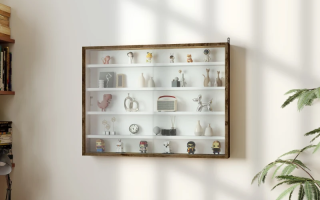 Wall-mounted glass display cabinet with collectibles inside.