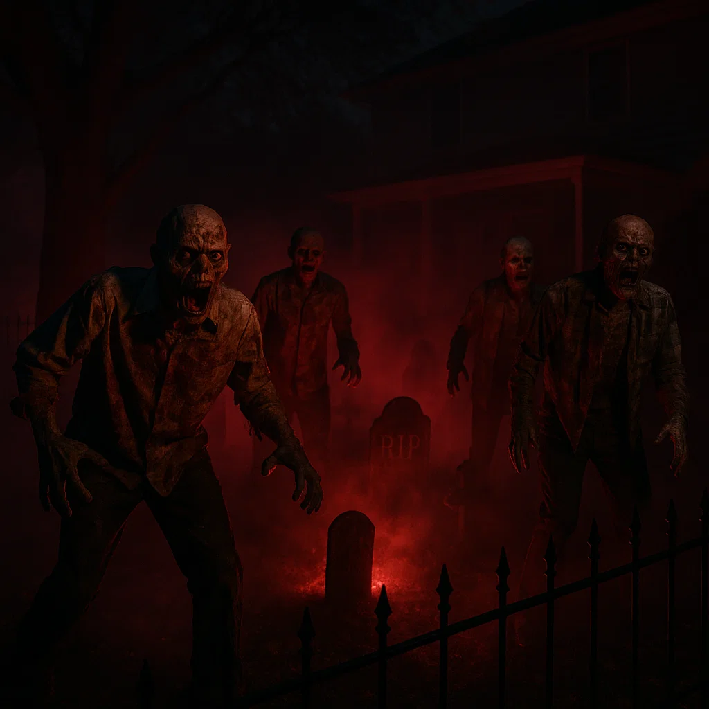 Group of zombies rising in graveyard with eerie red fog background.