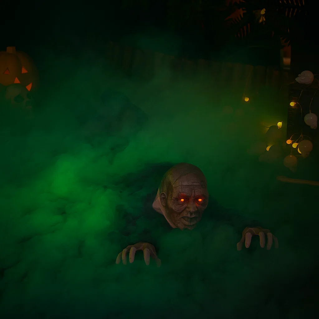 Zombie crawling through dense green fog with glowing red eyes at night.