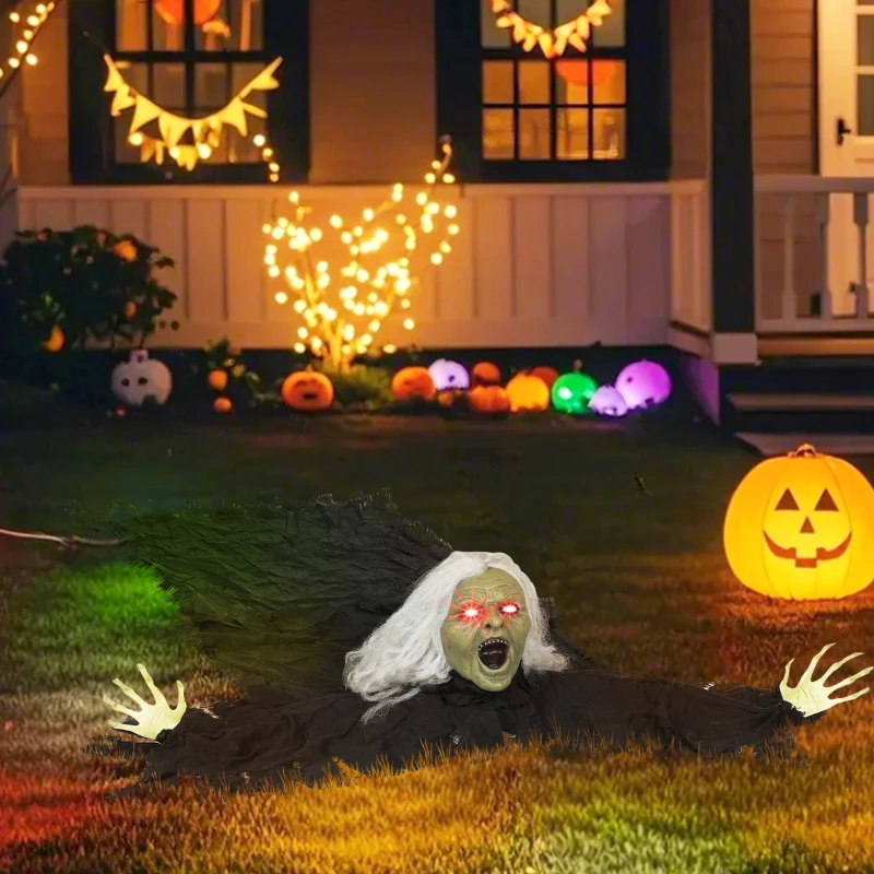 Crawling zombie with glowing eyes on lawn surrounded by pumpkins and lights.
