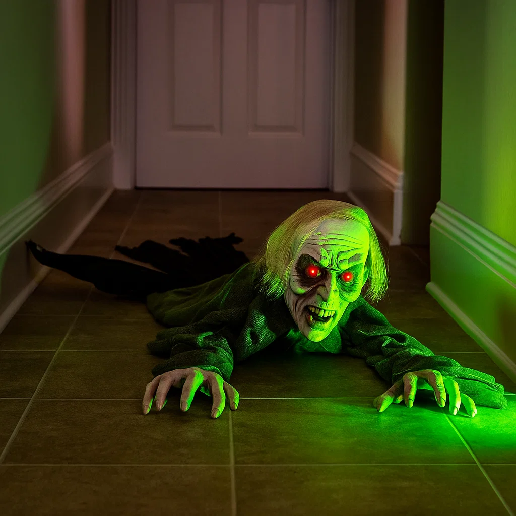 Crawling zombie with glowing eyes lit by green light in hallway.
