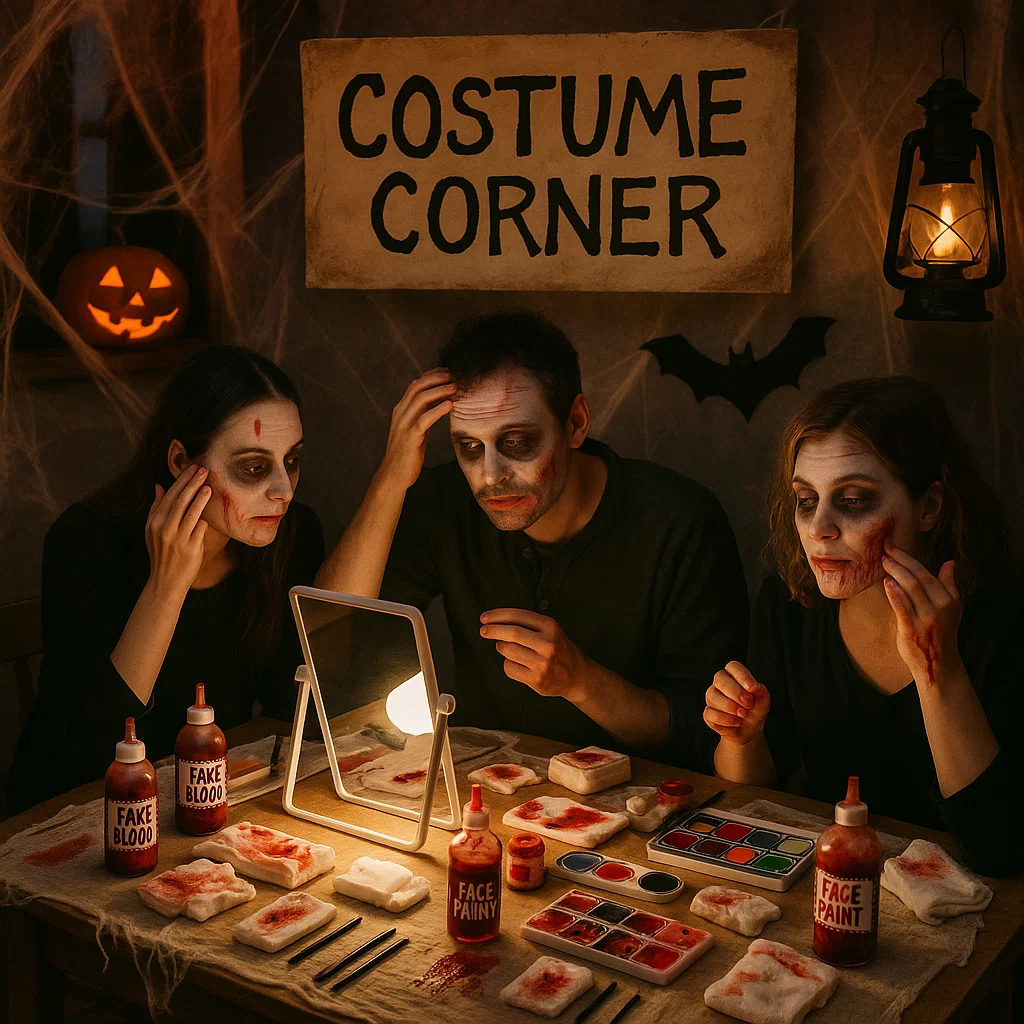 People applying zombie makeup with fake blood at costume corner table.