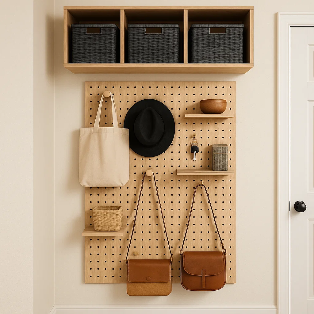 Wooden pegboard with shelves, hooks, and overhead cubbies storing bags, hats, and accessories.