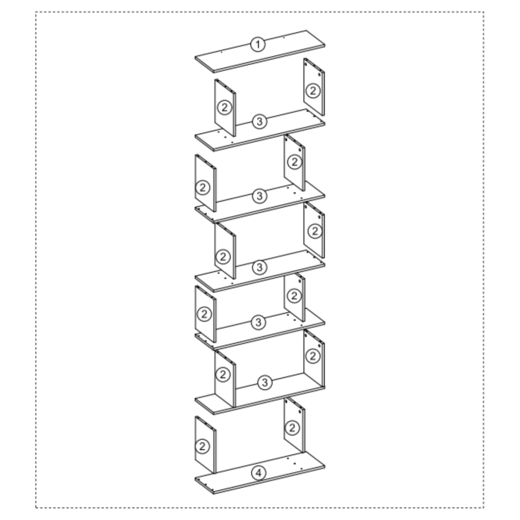 Diagram of top, side, shelf, and bottom panels labeled with numbers.