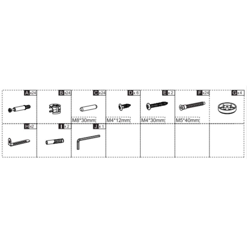 Complete hardware set with bolts, screws, dowels, brackets, and Allen key.