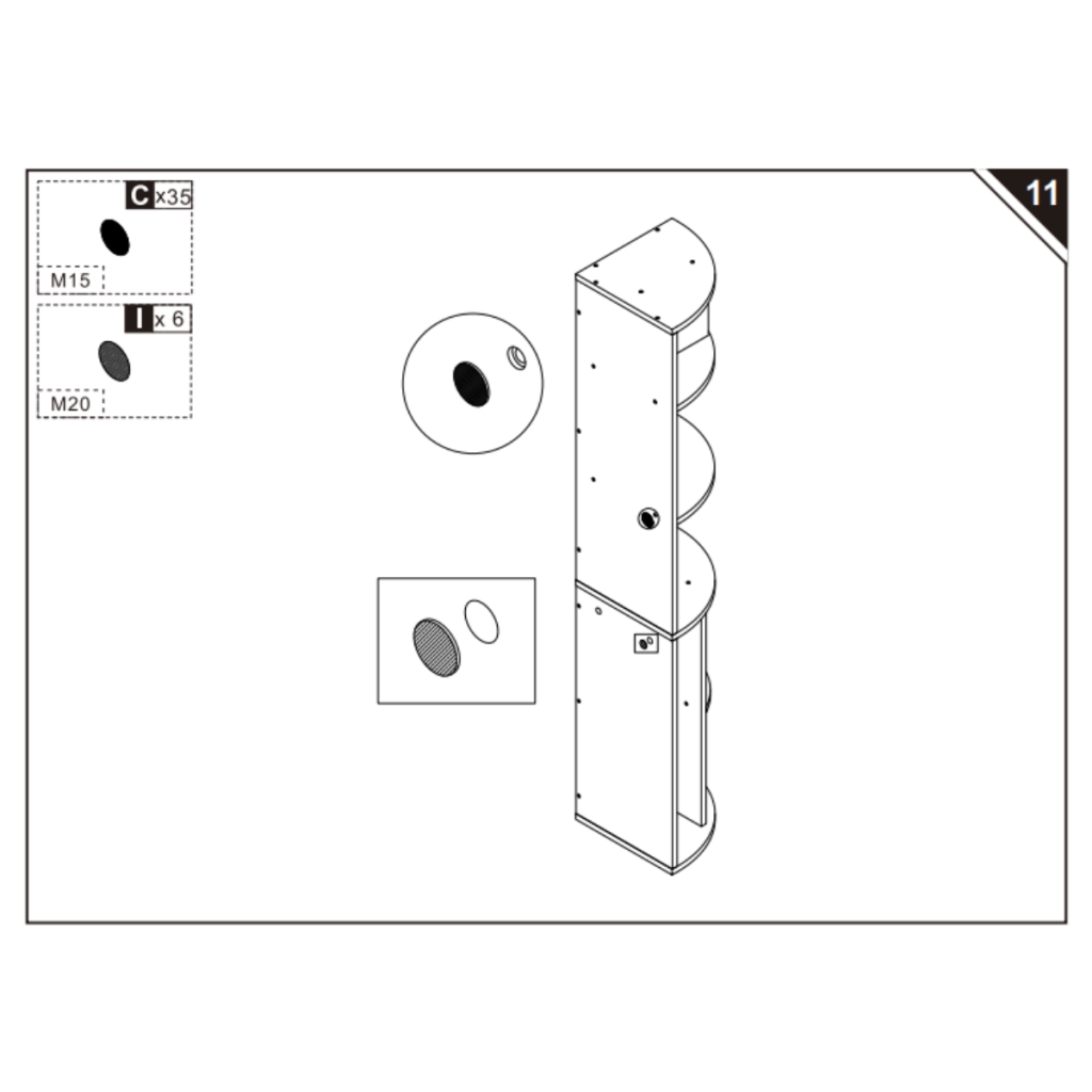 Bookcase rear view showing screw stickers and anti-tip strap installation.