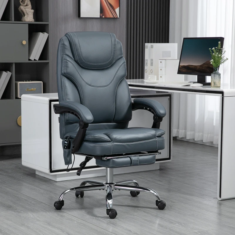 Grey heated massage recliner chair with extended footrest in office