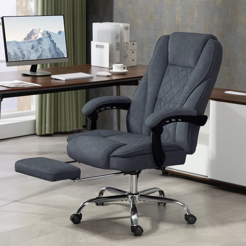 Dark grey reclining massage office chair with padded footrest