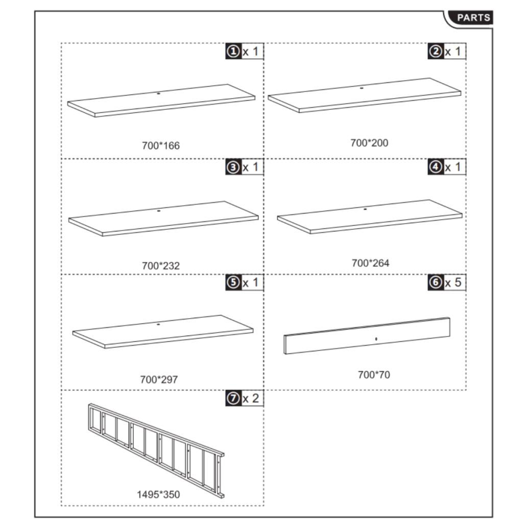 Illustrated parts list showing panels and side frames.