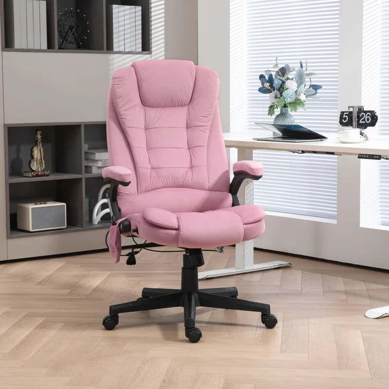 Velvet pink massage recliner chair with cushioned backrest in office