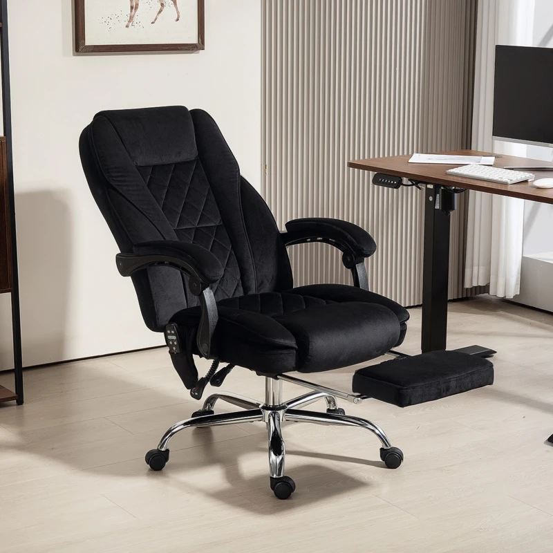 Black velvet massage recliner chair with quilted backrest in home office