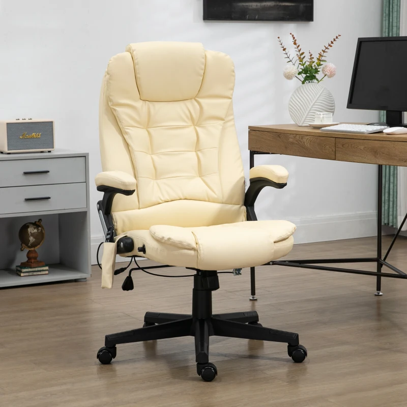 Beige ergonomic heated massage chair with padded footrest extended