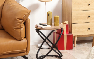 Modern living room with round wood top side table